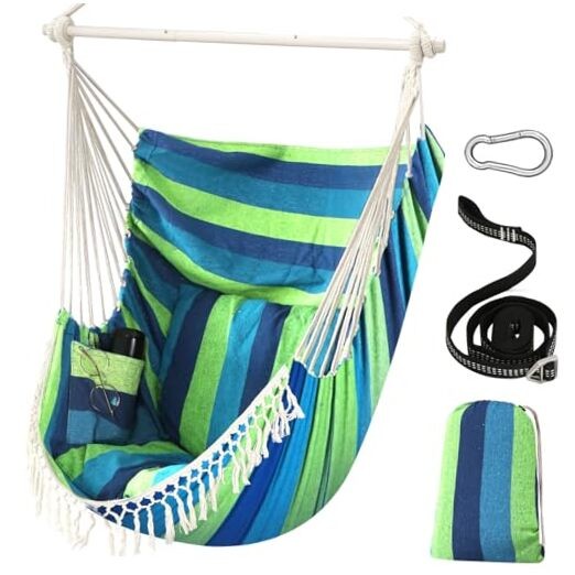Hammock Chair Hanging Swing Max 500 Lbs 2 Cushions 130x100cm Blue Green gallery