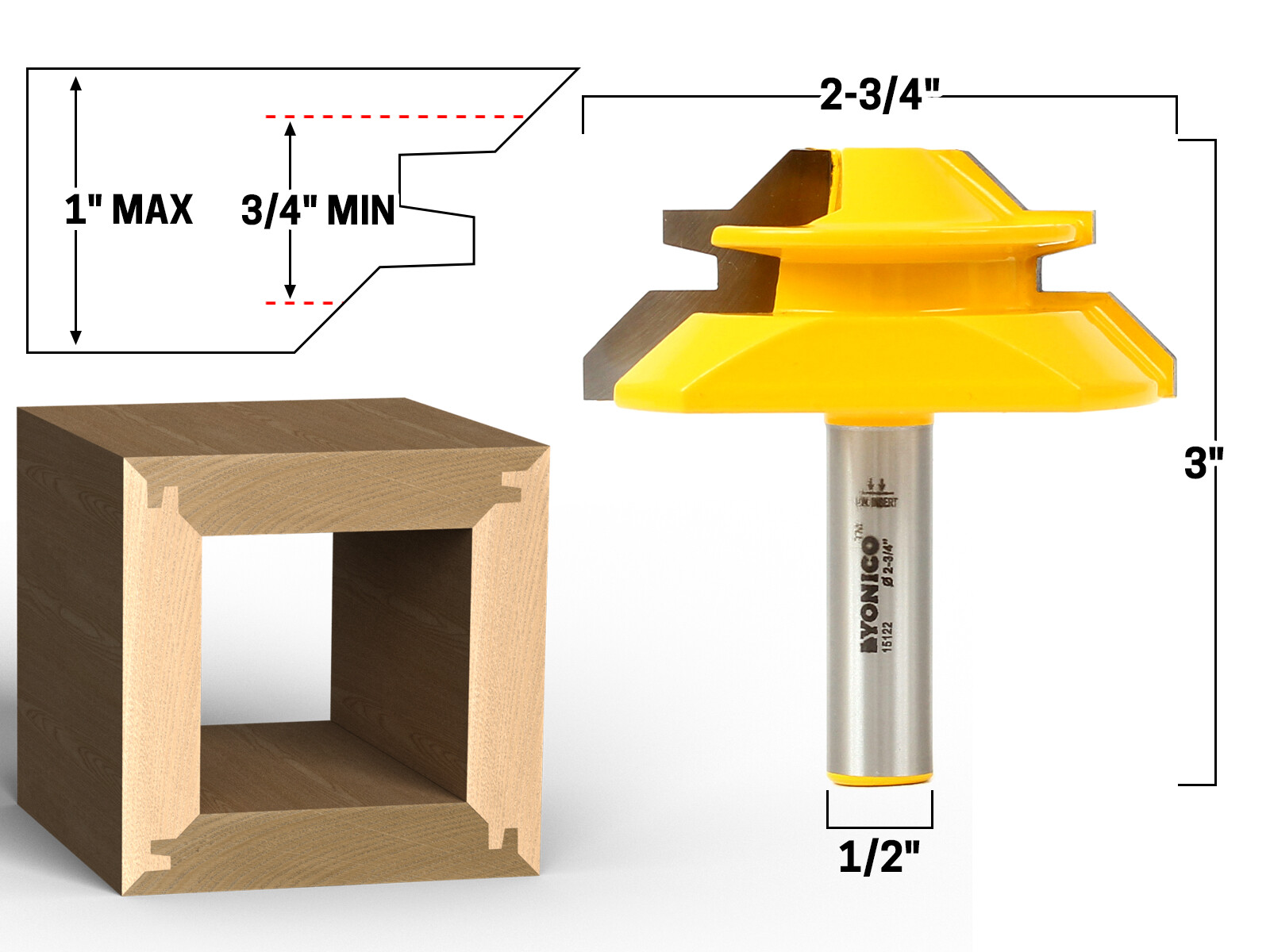 45 Degree - Up to 1" Stock Lock Miter Router Bit - 1/2" Shank - Yonico 15122 gallery