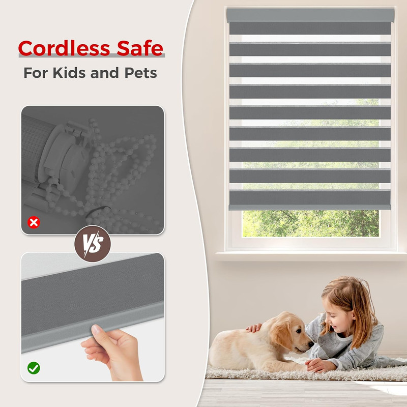 Zen Dual Layer Cordless Zebra Blinds - Dark Gray, 35" W x 72" H, Easy Install gallery