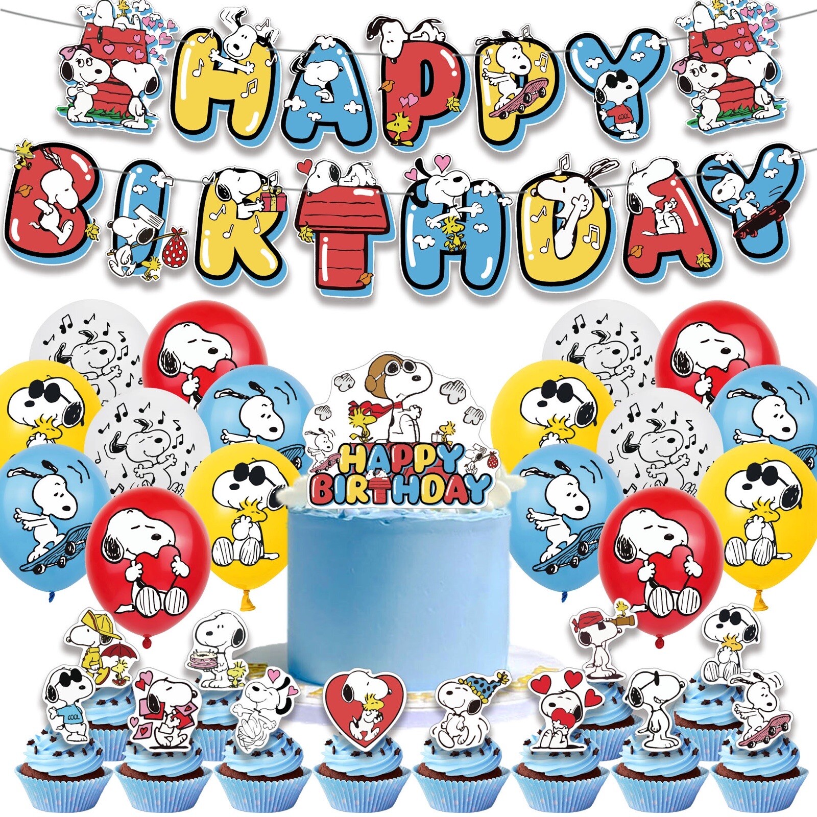 Snoopy Theme Birthday Party Supplies Set Balloon Banner Cake Toppers US Stock gallery