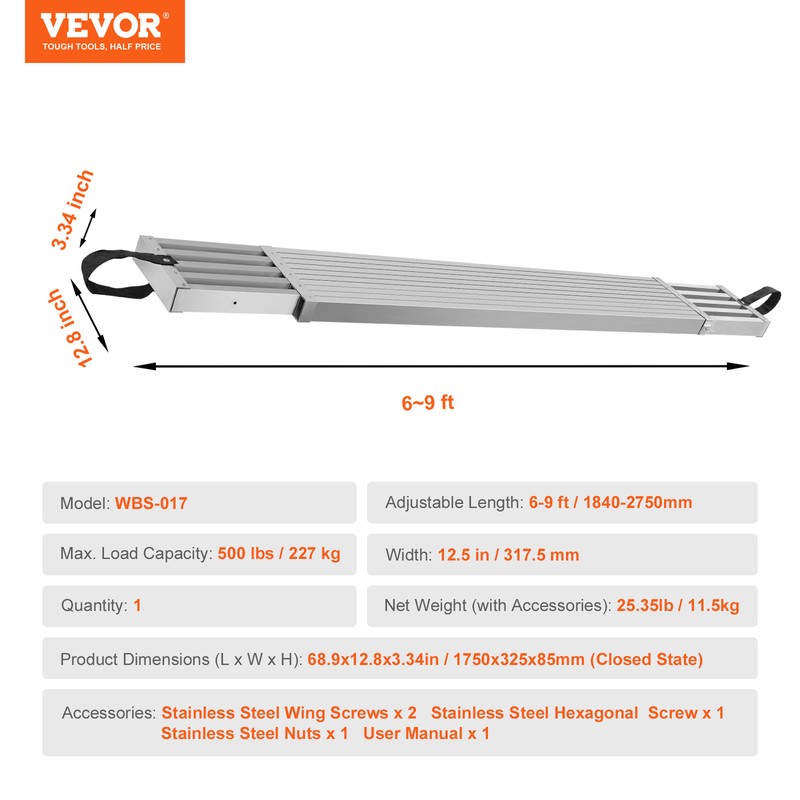 VEVOR Aluminum Work Plank Telescoping 6-9 ft 500 lb Capacity Scaffold Plank gallery
