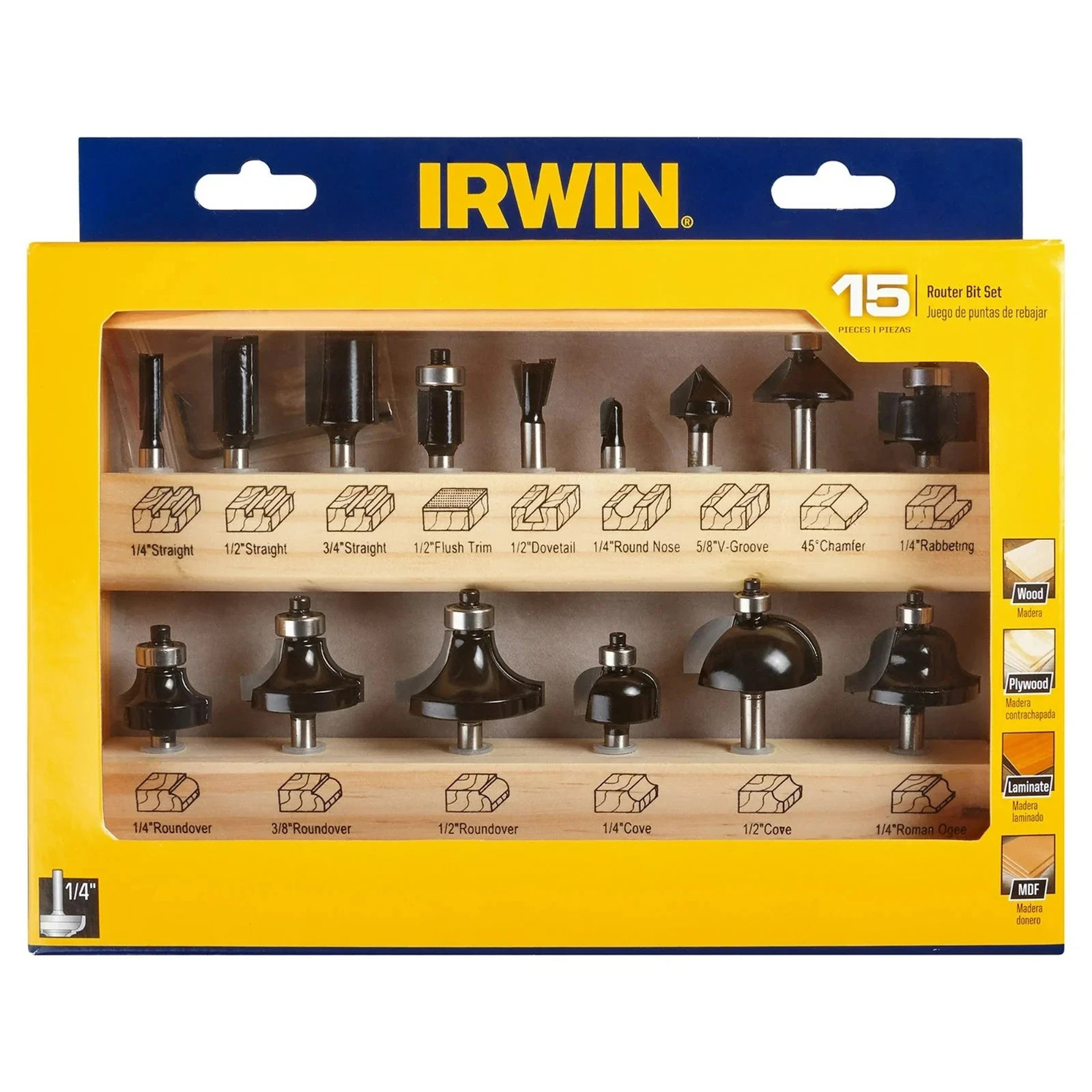 Irwin 15 pc Router Bit Set w/ Wooden Storage Case 1901048 New Sealed gallery