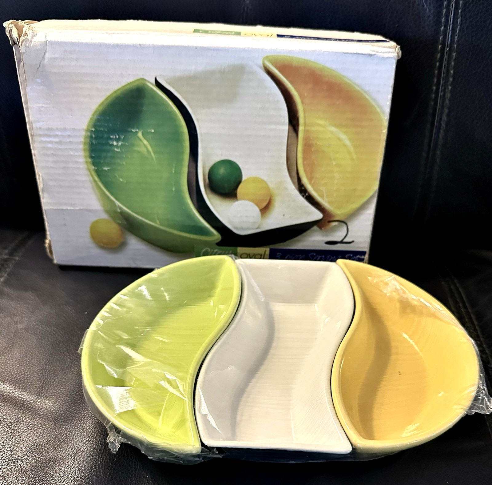 3 Piece Citrus Oval Serving Set Ceramic New 8 1/2” X 5 1/2” Green Yellow White gallery