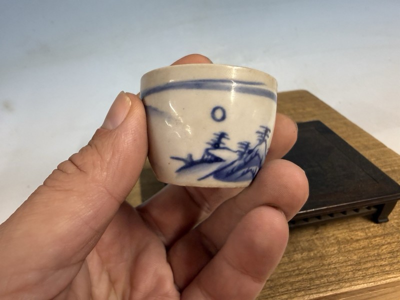 Japanese Unknown Maker Shohin Bonsai Tree Pot 1 7/8 By 1 3/8” Blue And White gallery