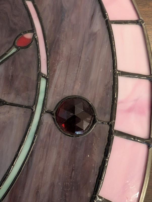 Leaded Glass 16" Round Ceiling Light Fixture. Pink Purple Green Floral Motif gallery