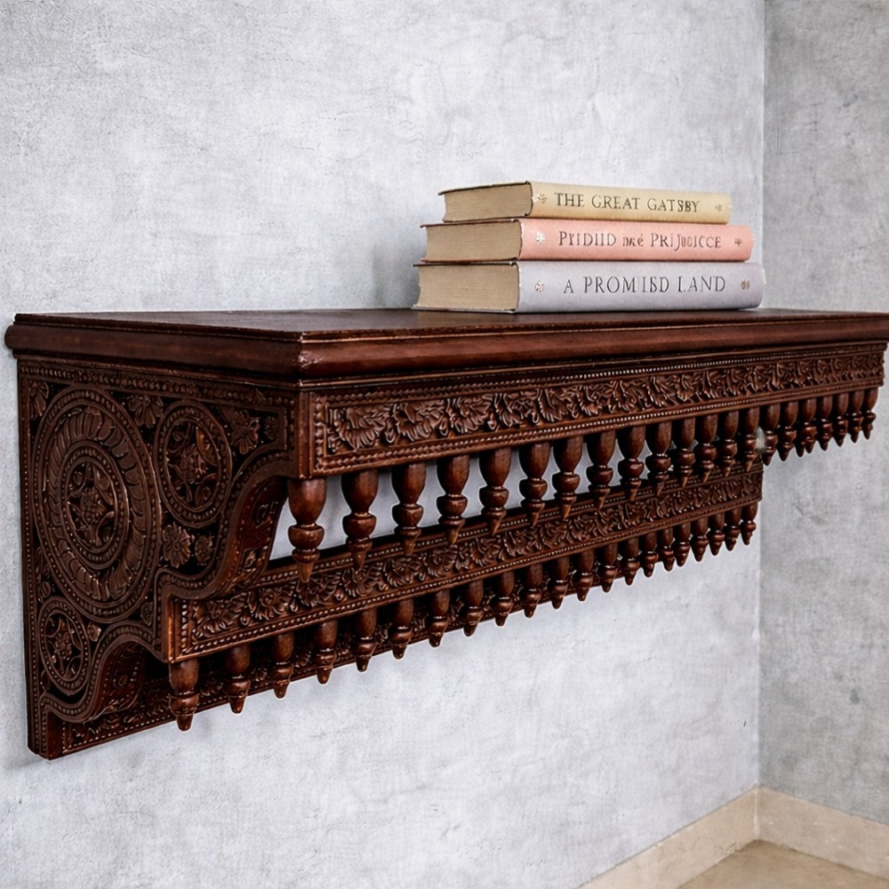 Hand Carved Wooden Wall Shelf | Indian Antique Style Home Decor gallery