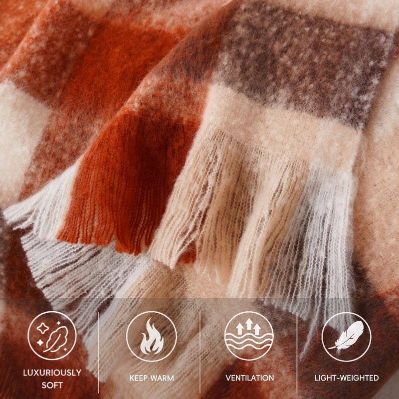Rust Plaid Throw Blanket for Couch Bed, Soft Mohair Tartan Plaid Blanket, Far... gallery