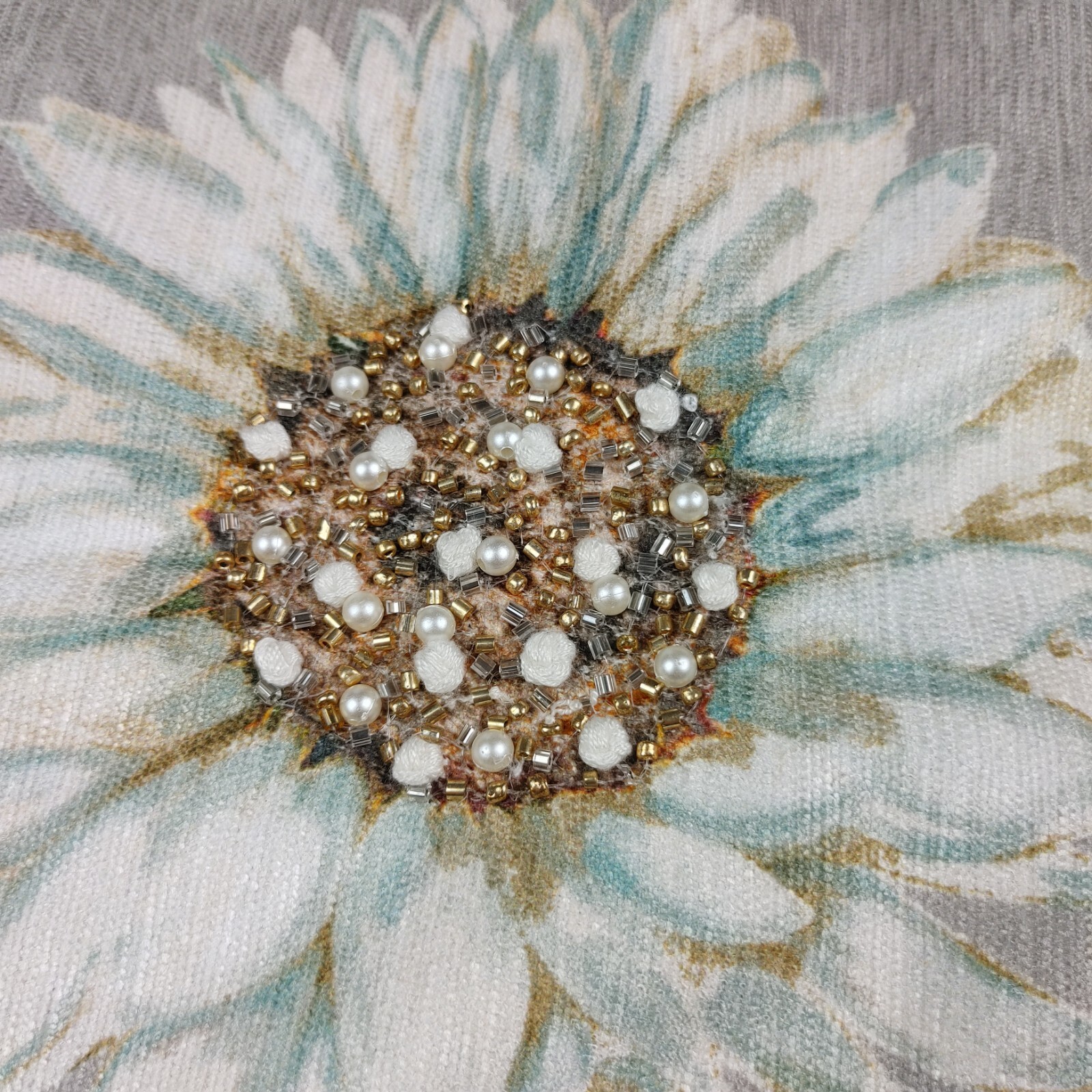 Tahari Sunflower Fabric Beaded Table Runner Summer Spring Fall 16x72 Gray White gallery