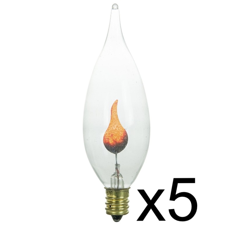 5 Flicker Flame Light Bulbs, E12 Candelabra Base, 3 watt Bulb