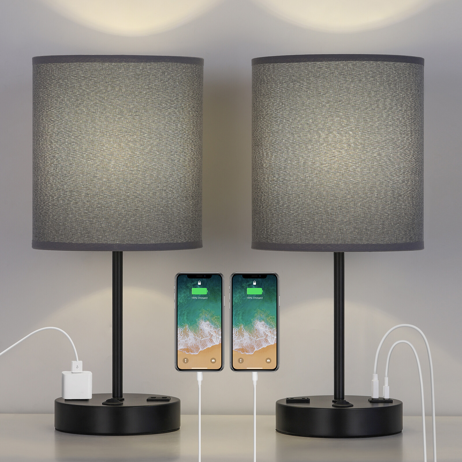 USB Table Lamp, Bedside Lamps with 2 USB Charging Ports, Grey Lampshade gallery