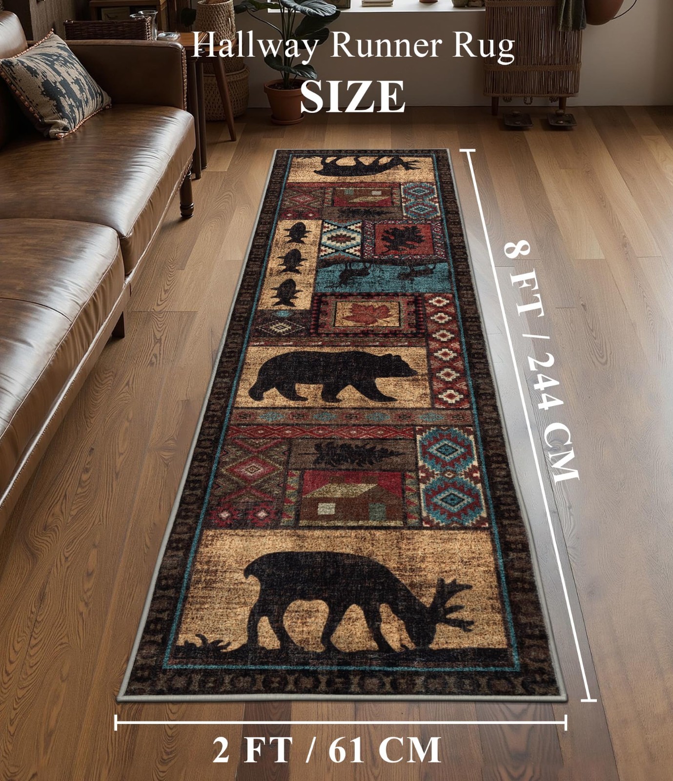 Rustic Bear Cabin Runner Rug 2x8 - Non-Slip Indoor Entryway Mat, Low Pile Tribal gallery