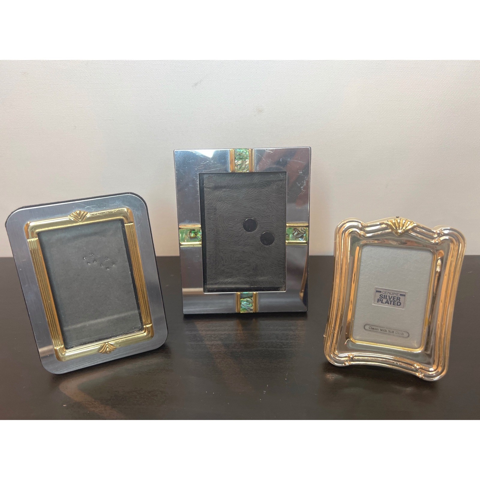 Vintage Picture Frame Set Silver Gold Tone Abalone Shell Art Deco Miniature 3pc gallery