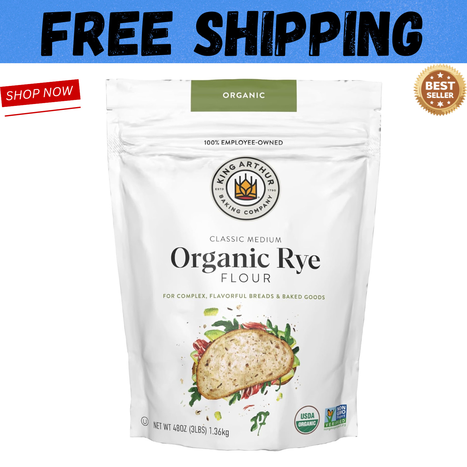 King Arthur Organic Medium Rye Flour 3lb – Non-GMO, Bold Flavor for Baking gallery