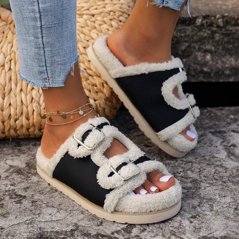 Double Buckle Plush Lined Platform Slippers gallery