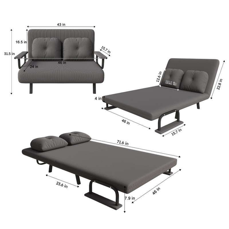 46" Wide Folding Sofa Bed 5-in-1 Convertible Chair for Two 5-Position Adjustable gallery