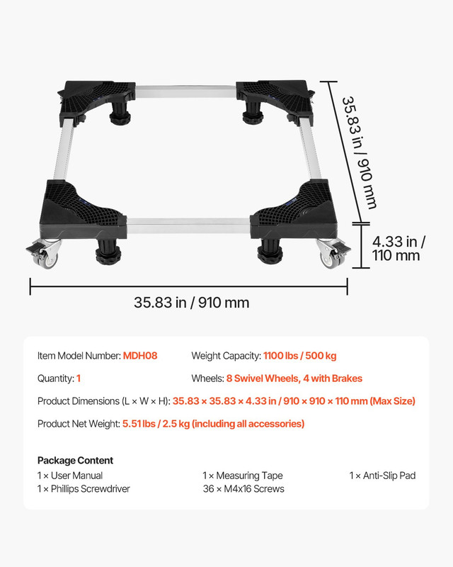 VEVOR Fridge Stand Mobile Base, 1100 lbs Load Capacity, Washing Machine Stand wi gallery