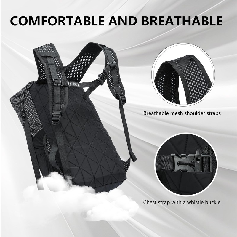 20L Black Lightweight Foldable Water Resistant Packable Travel Hiking Backpack 3