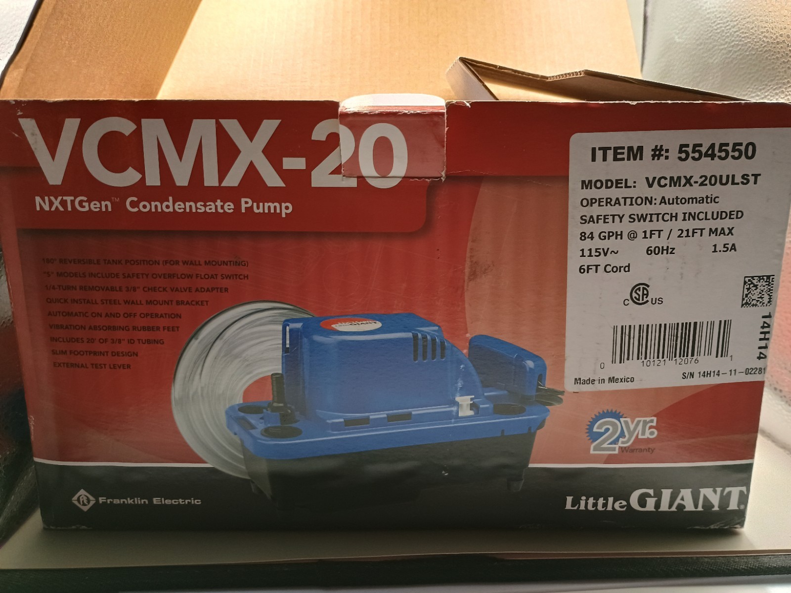 LITTLE GIANT 554550 VCMX-20ULST Condensate Removal Pump Brand New In Open Box gallery