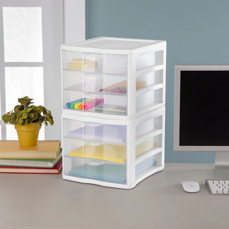 Sterilite 3 Drawer Unit, Clear Plastic Countertop or Desktop Drawers, White gallery