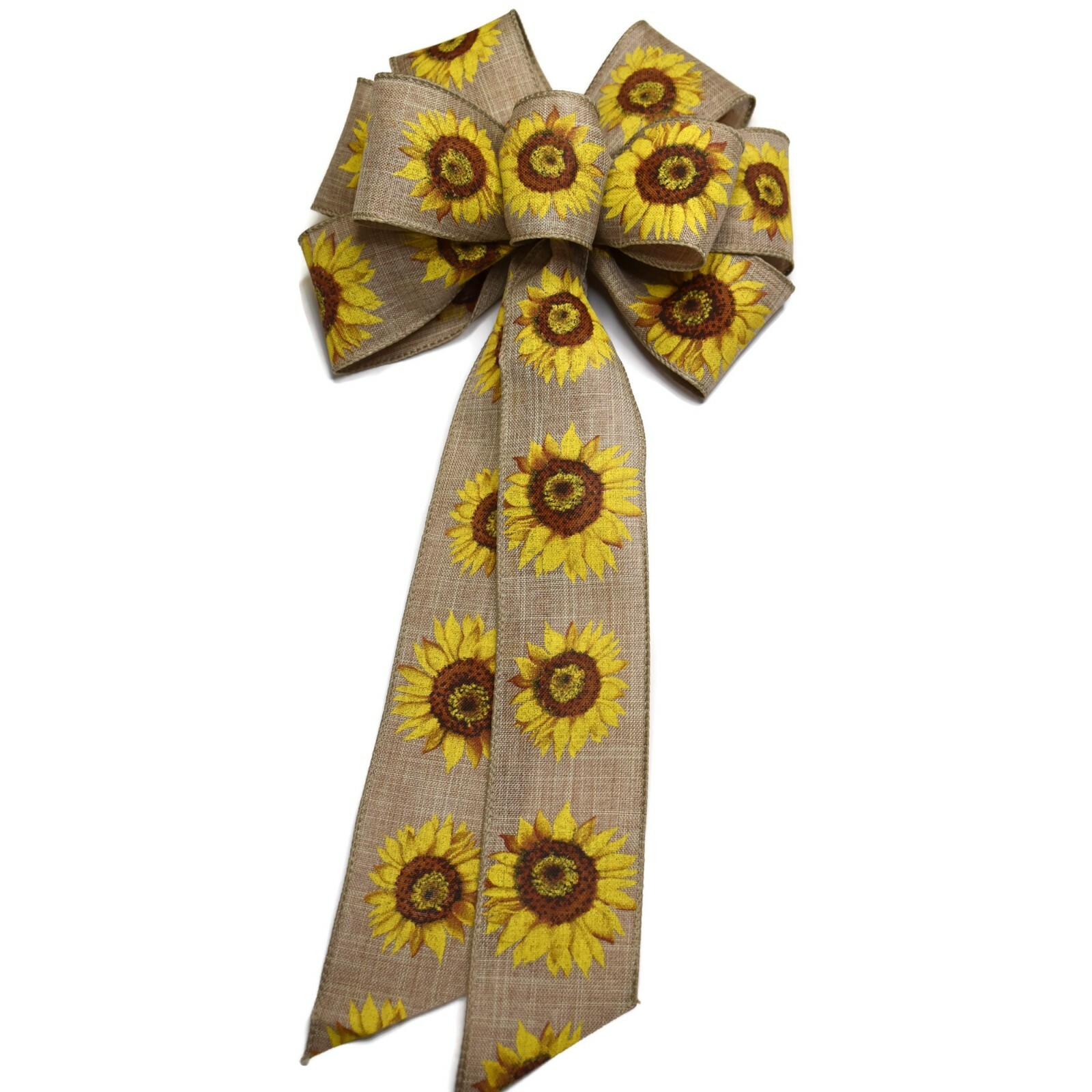 10" Hand Made Wired Sunflower Wreath Bow - Summer Fall Yellow Linen Brown Floral gallery