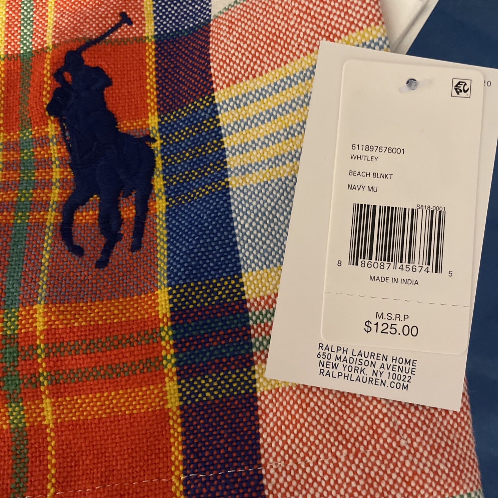 Authentic Polo Ralph Lauren $125 Cotton Beach Picnic Blanket 60x60” OEKO-TEX NWT gallery