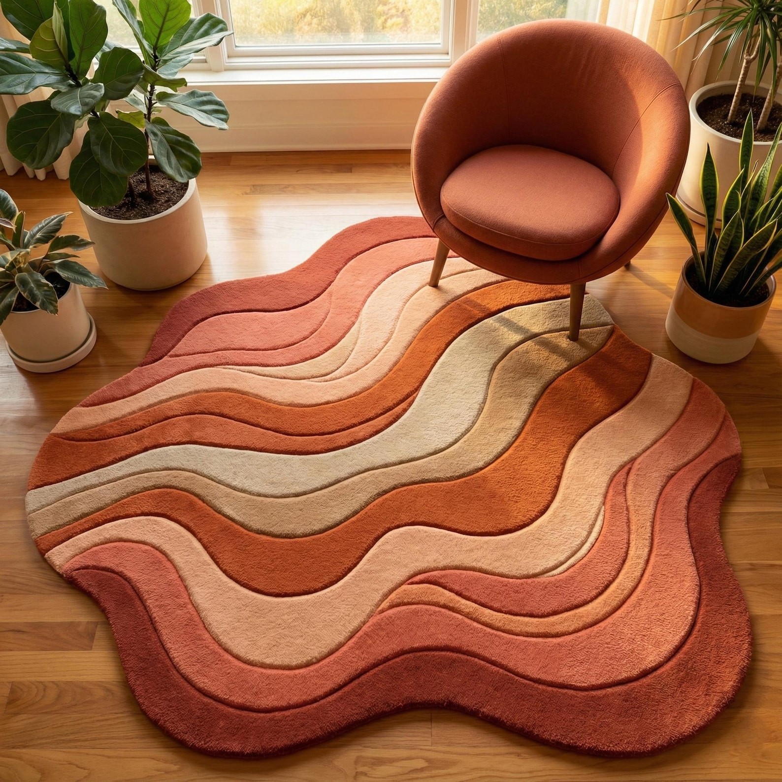 Modern Abstract Wave Rug 3D Sculpted Pile Irregular Shape Rust Orange Cream 5x7 gallery