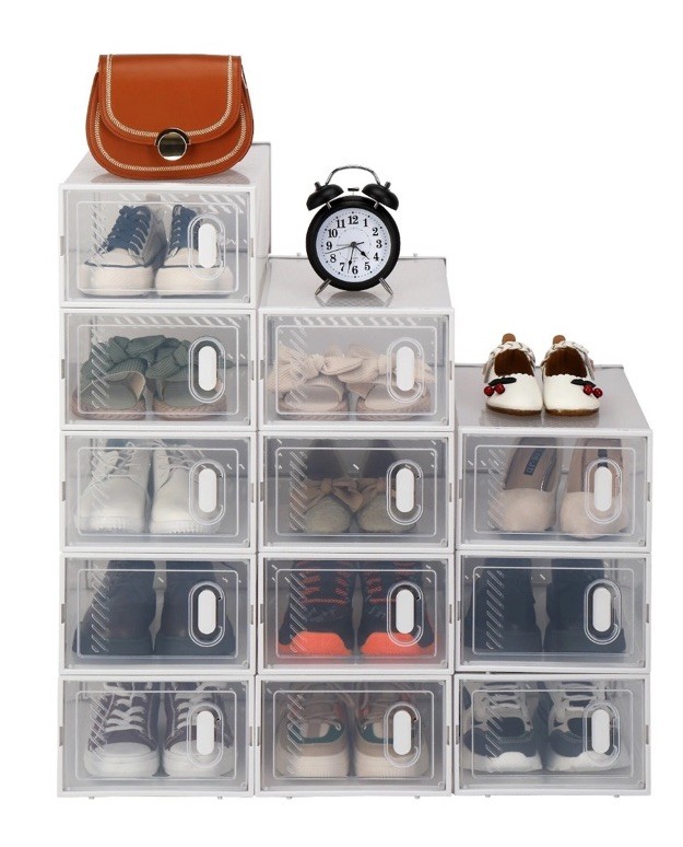 Stackable (12 Pack) White Shoe Storage Organizer Boxes with Magnetic Doors gallery