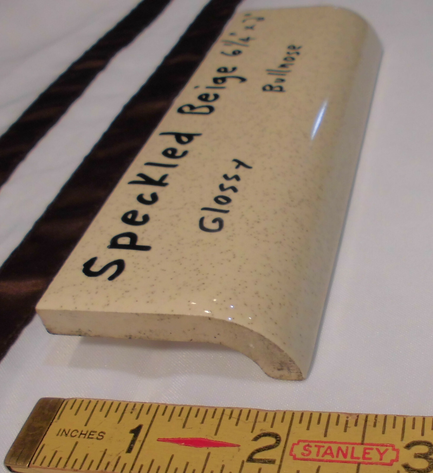 1 pc. Vintage *Speckled Beige* Ceramic Radius Bullnose Tile 2" X 6-1/4" Mudd Cap gallery