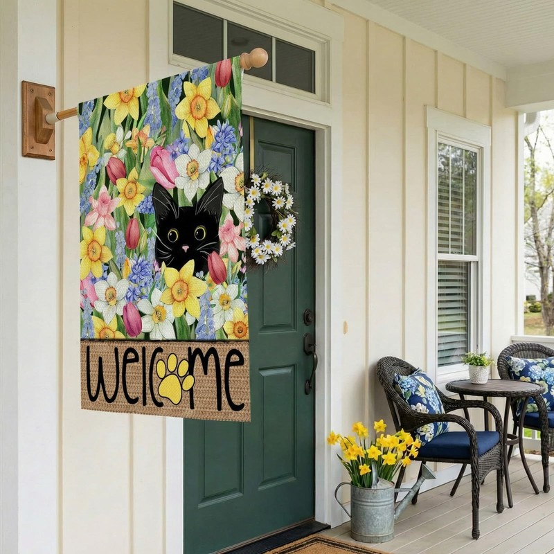 Spring Summer House Flag Black Cat Double Sided 28X40 Inches Large Burlap Welcom gallery