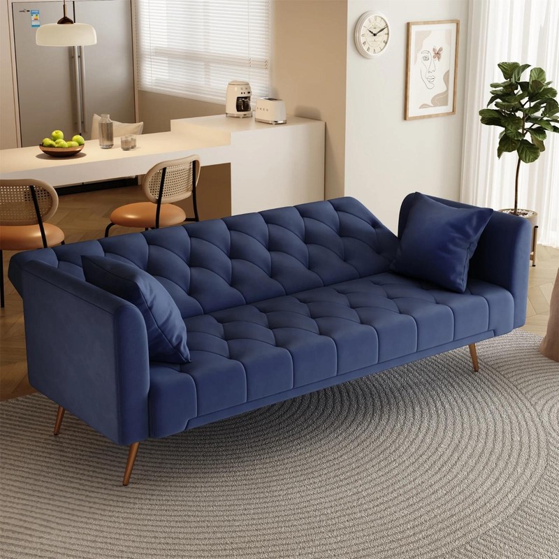 Soft Velvet Convertible Futon Sofa Bed Upholstered 2 Pillows Blue Home Office gallery
