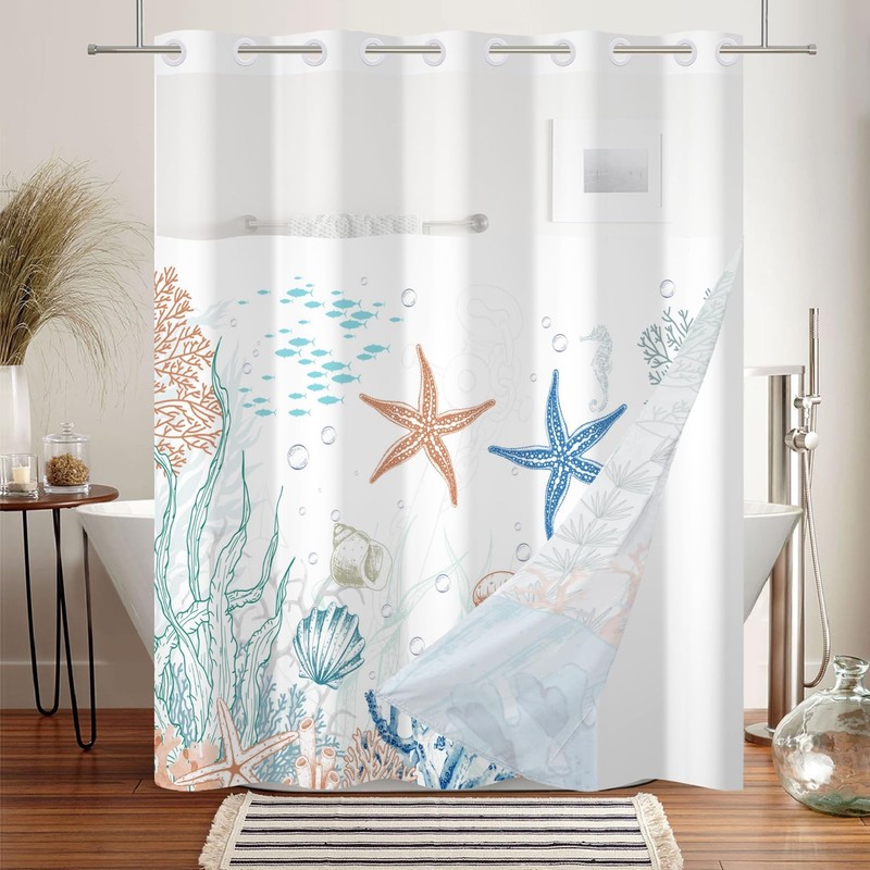 Hookless Ocean Shower Curtain with Snap in Liner Set - 71 x 71Inches Waterpro... gallery