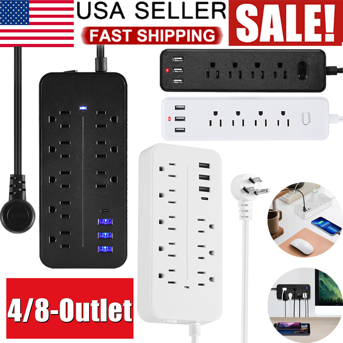 Wall Mountable USB Surge Protector Power Strip with USB Ports 4/8 Outlet Plugs gallery