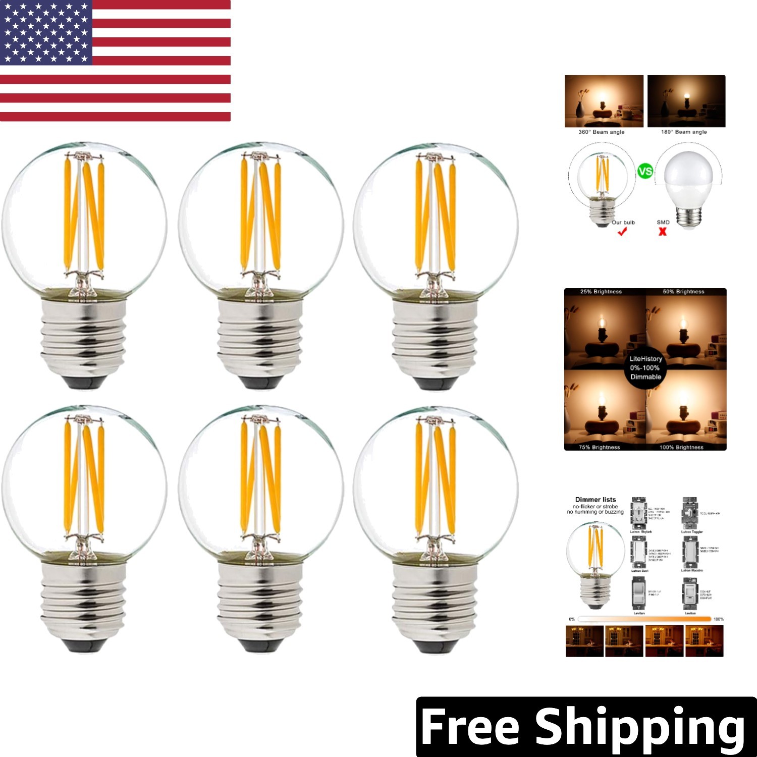 Energy Saving Dimmable G16.5 Globe Bulbs 2700K - 6 Pack E26 Light Bulbs gallery