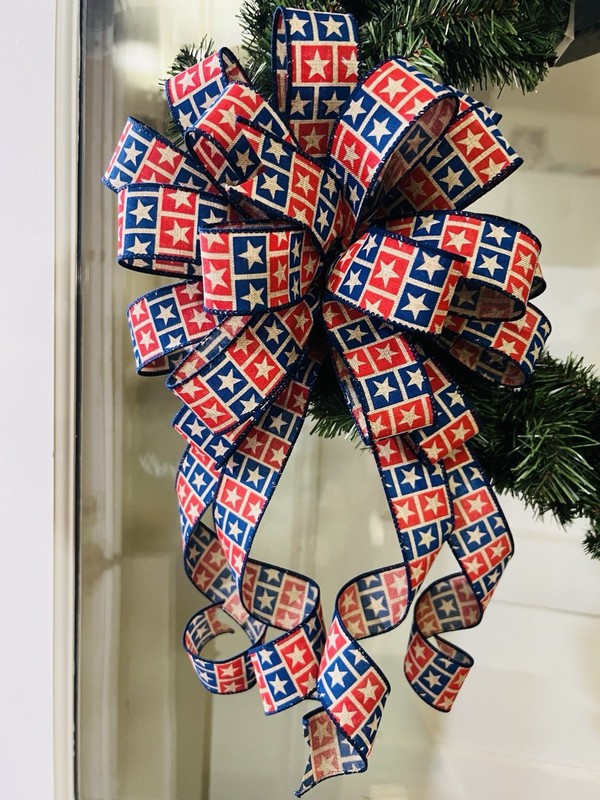 Handmade Large Red Tan Blue Bow Patriotic Decor 4th of July Memorial Day Flag gallery
