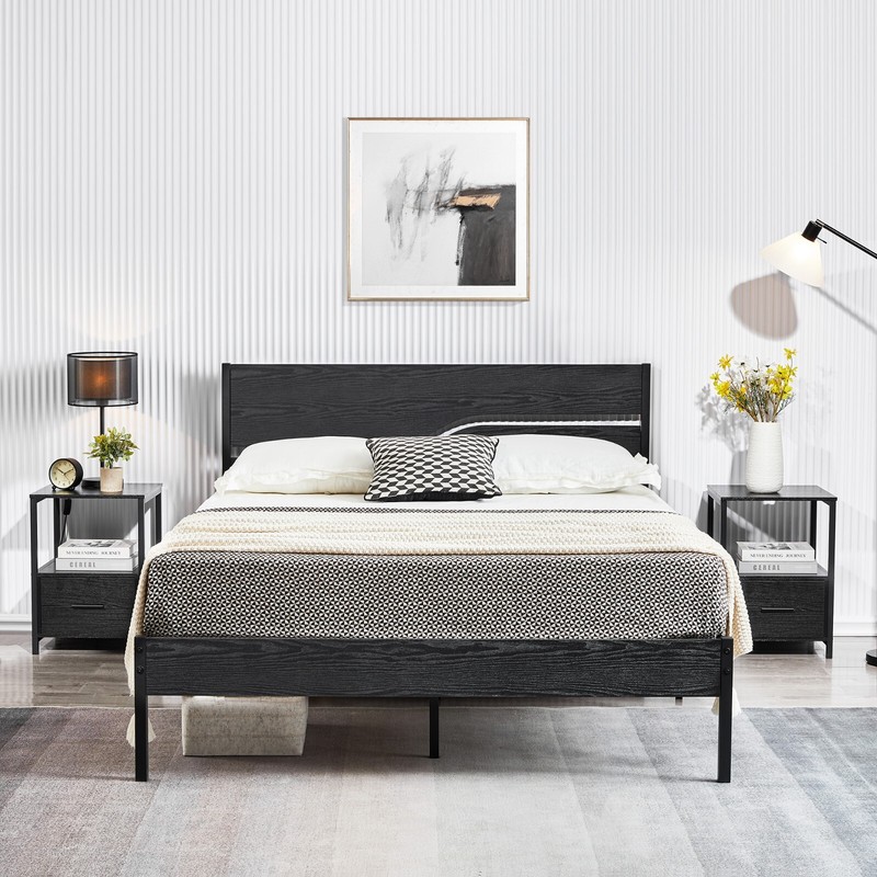 Bed Frame Metal Platform Twin Full Queen Size with Wooden Headboard Footboard gallery