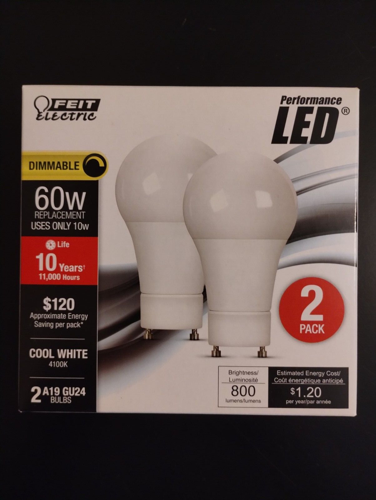 2 Pack - Feit Electric A19 GU24 2 PIN LED Dimmable 800 Lumens 10W/60W Equivalent gallery
