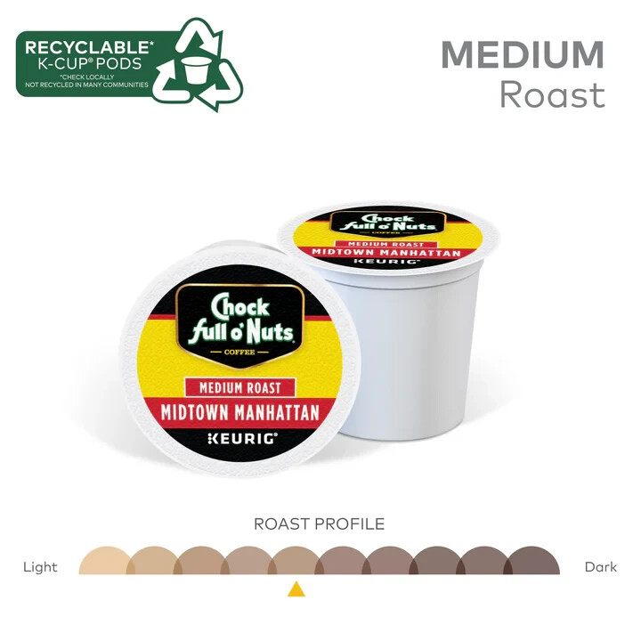 Chock Full O' Nuts Midtown Manhattan Coffee 12 to 144 K cups Pick Any Quantity gallery