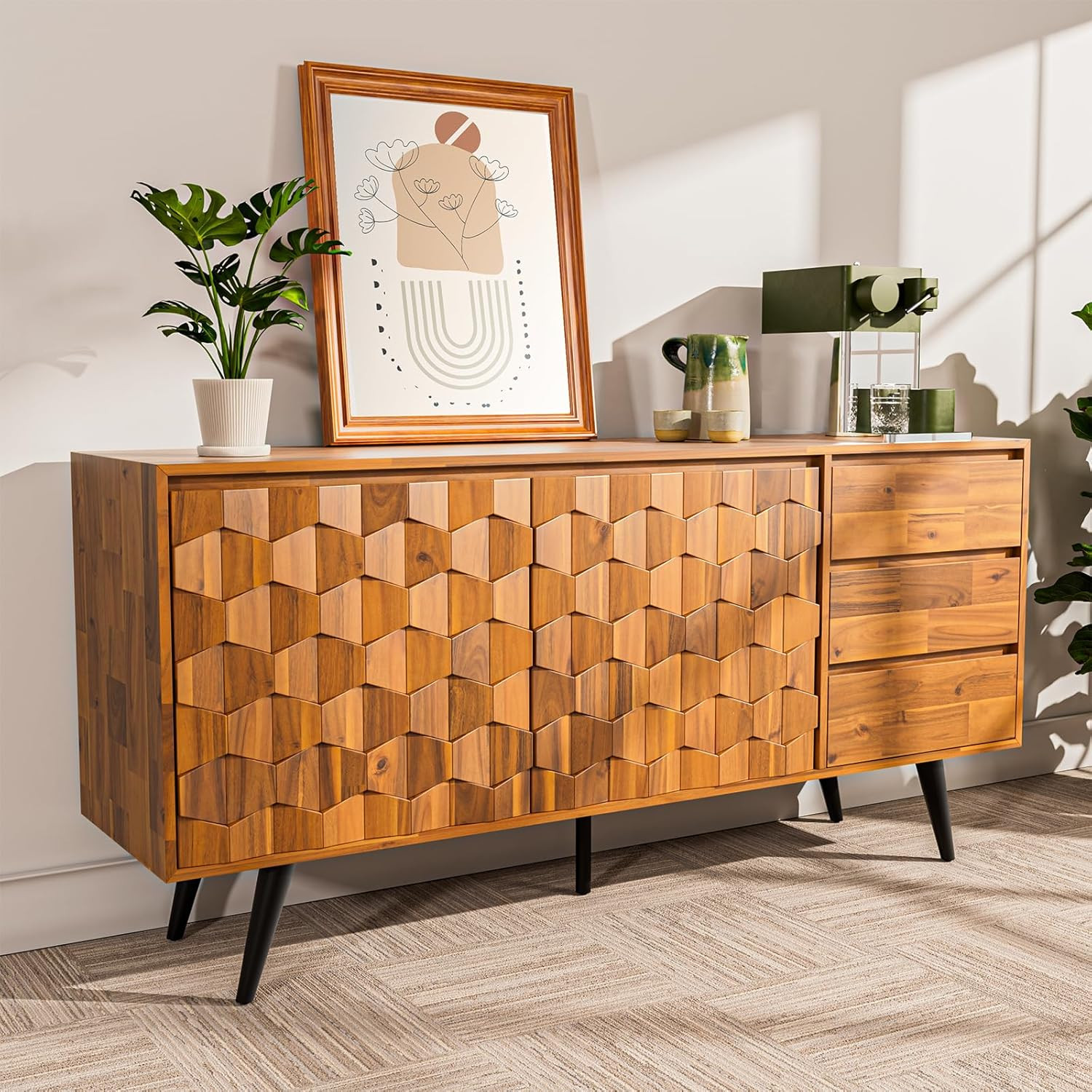 Mid Century Modern Solid Wood Sideboard with 2 Doors & 3 Drawers, Teak Brown gallery