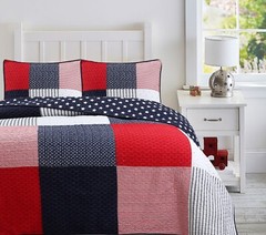 Patriotic Patchwork Plaid Red White Blue Cotton Quilt Bedding Set
