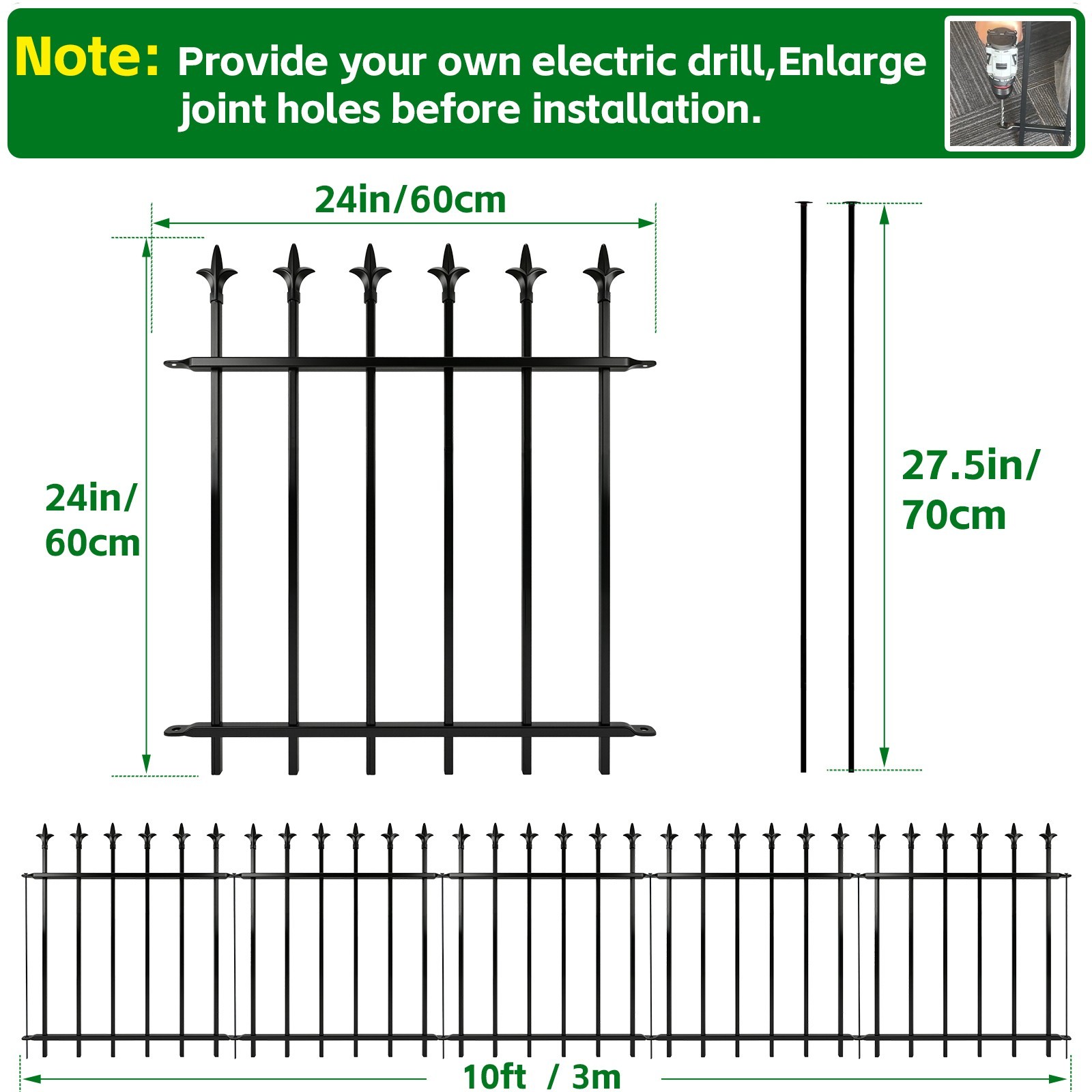 5-Pack Metal Garden Fence Panels Rustproof DIY Install Decorative Border Black gallery