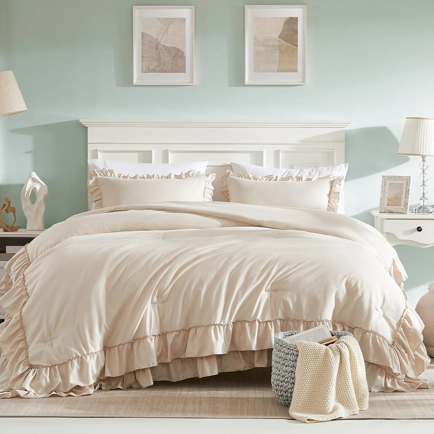 Cupocupa Pink Ruffle King Size Comforter Set, Shabby Chic Boho Bedding Comforter gallery