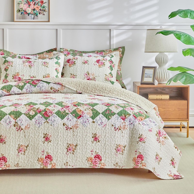 Patchwork Quilt Set Queen Size,3 Pieces Pink Cream Green Floral Plaid Reversi... gallery