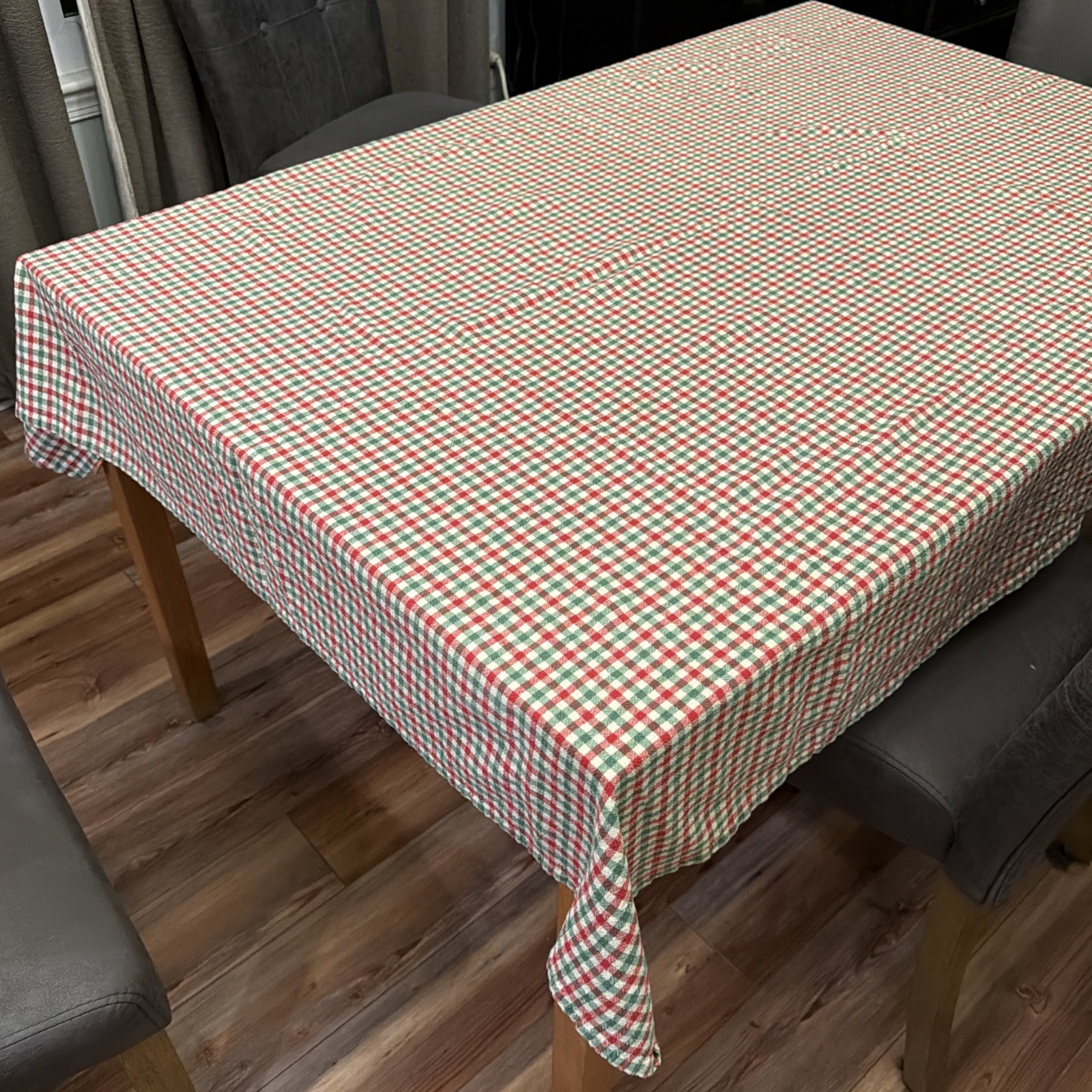 Green, Red & Pale Yellow Checked Cotton Tablecloth 54”x70” Lintex No Stains gallery