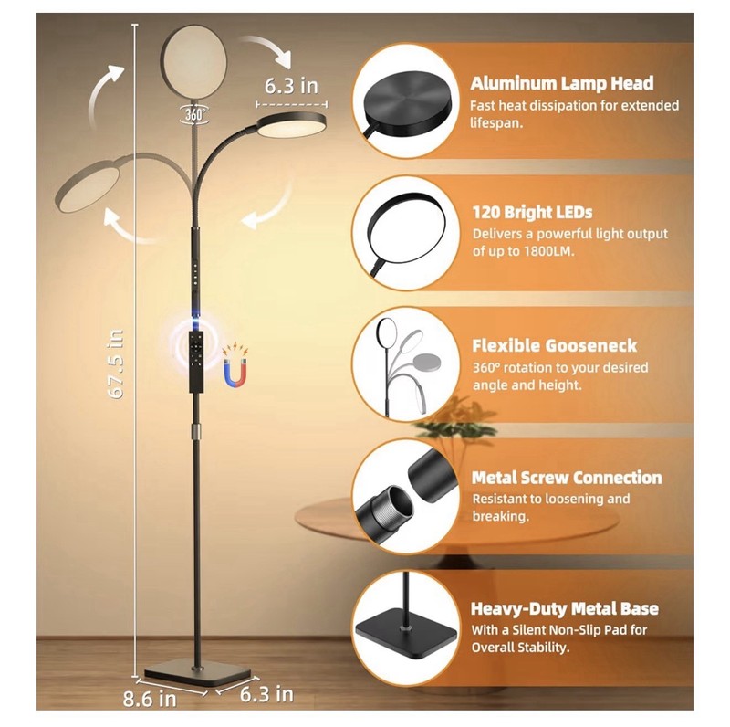 Black LED Floor Lamp, Remote/Button Control, Adjustable Gooseneck, 1800 Lumen gallery