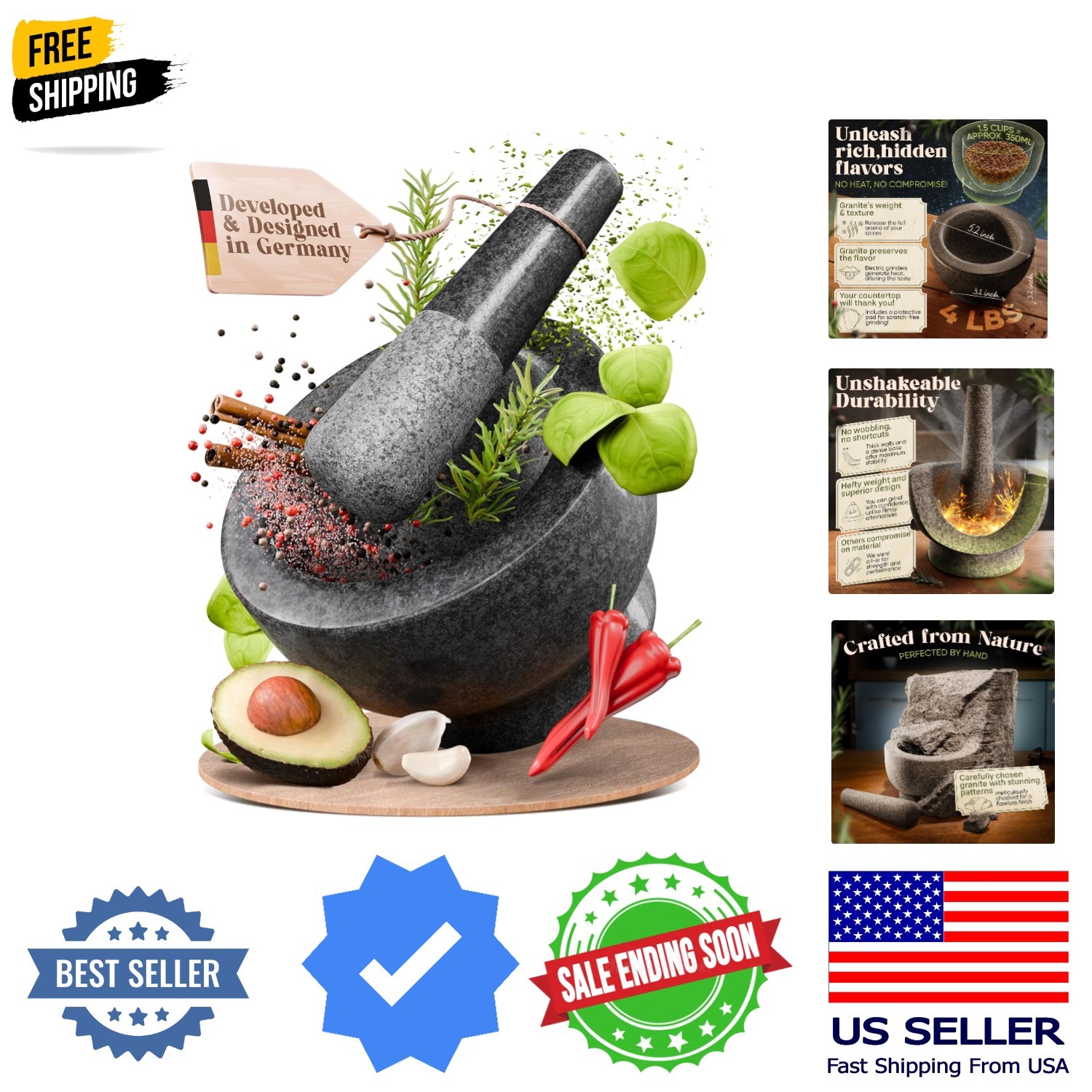 Mortar and Pestle Set - Black Polished Exterior - 1.5 Cup Capacity gallery