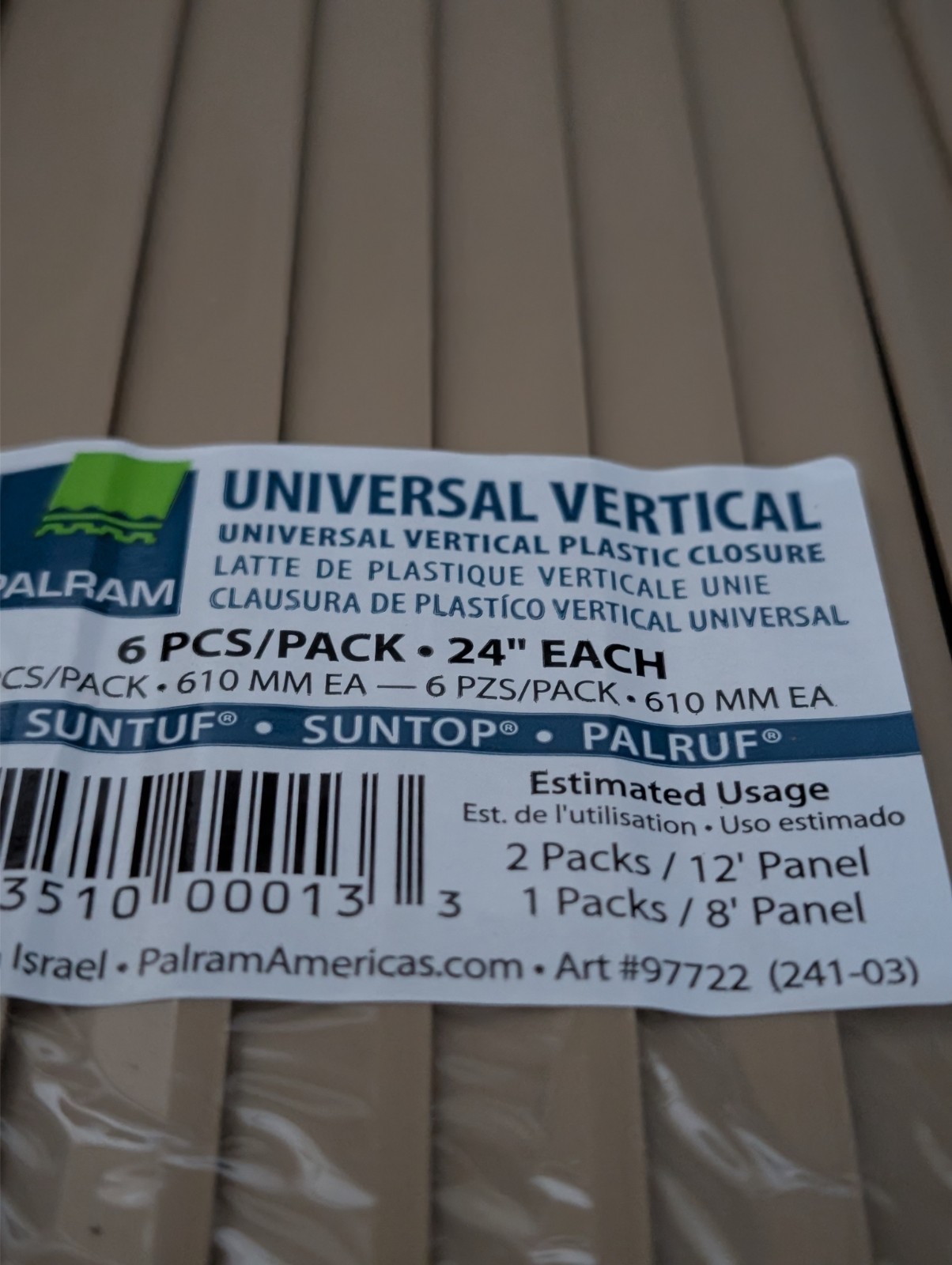 120 Palram Universal Vertical Plastic Closure Strip 24" for Suntuf Suntop Palruf gallery