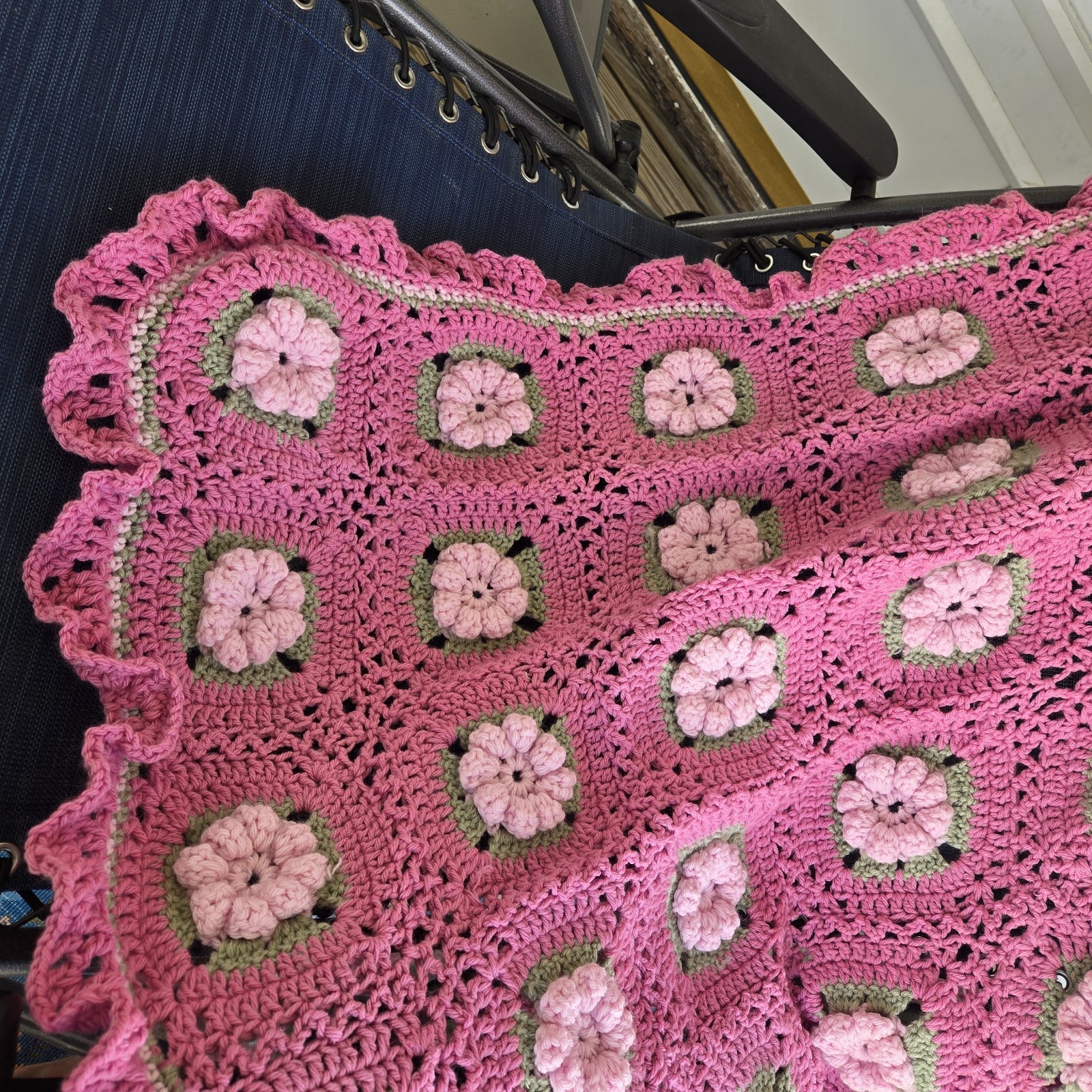 VTG Crocheted Granny Square Afghan Throw Blanket 3D Puffy Red Roses 48" x 58" gallery