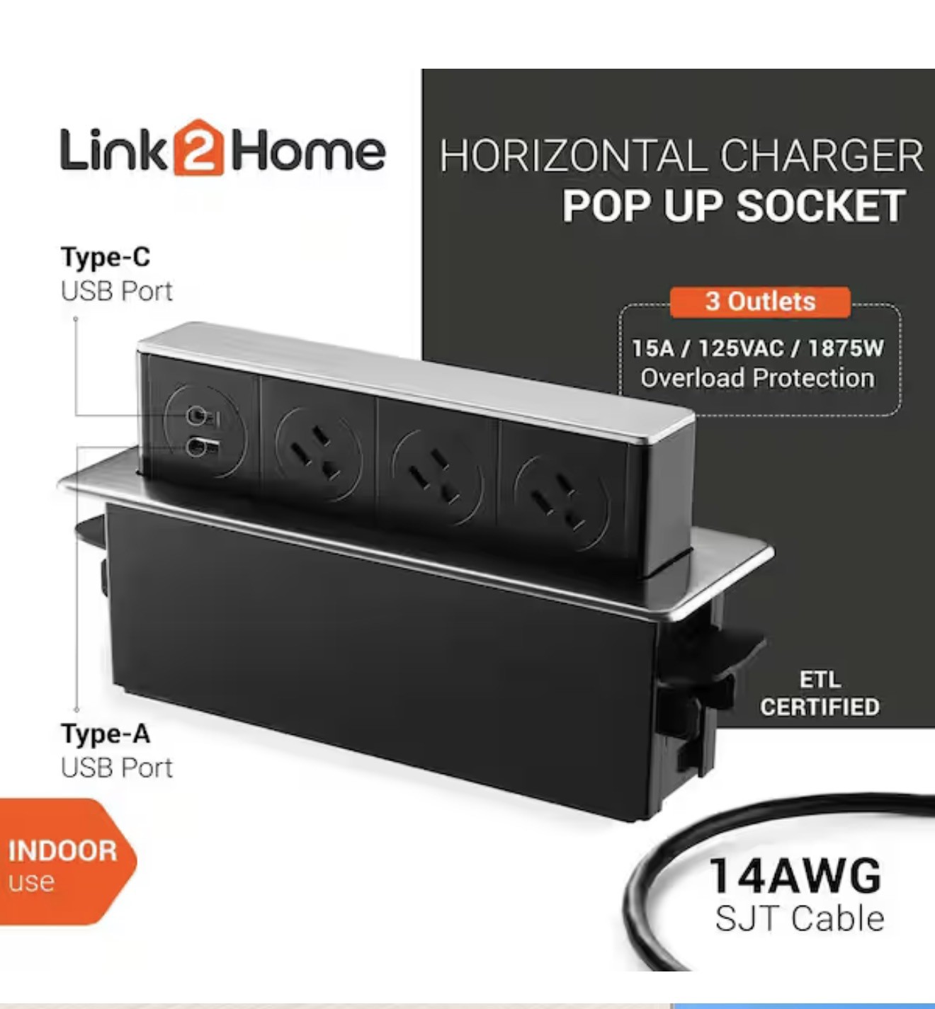 Link2Home Horizontal Pop Up Socket 3 Outlets and 2 USB 6ft gallery