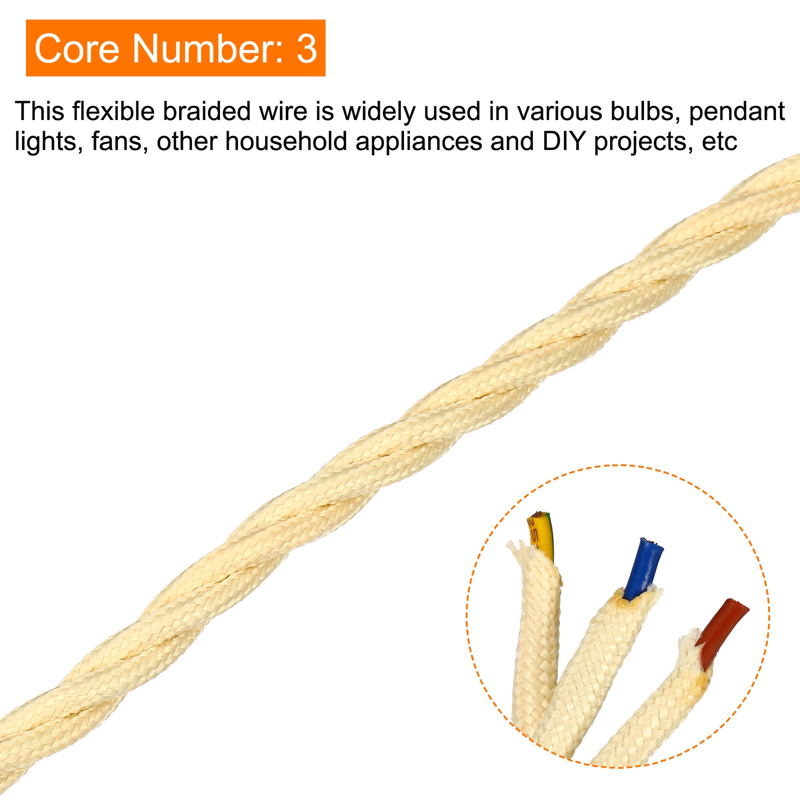 Twisted Cloth Covered Wire 3 Core 18AWG 5m/16.4ft,Electrical Cable,Cream gallery