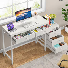 Moronia 51 In. Retangular White Computer Desk 5-Storage Drawers Home Office Stud